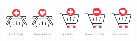 A set of 5 Shopping icons as add to basket, favorite basket, add to cartのイラスト素材