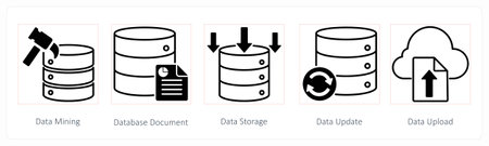 A set of 5 Seo icons as data mining, database document, data storageのイラスト素材