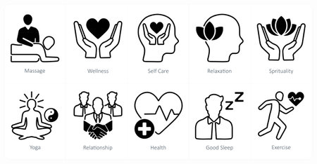 A set of 10 wellness icons as massage, wellness, self careのイラスト素材