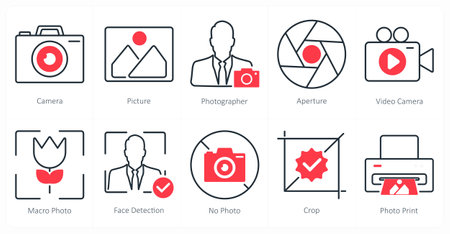 A set of 10 photography icons as camera, picture, photographerのイラスト素材