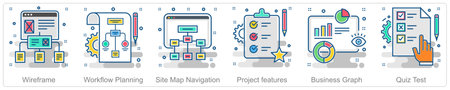 A set of 6  business icons as wireframe, workflow planning, site map navigationのイラスト素材