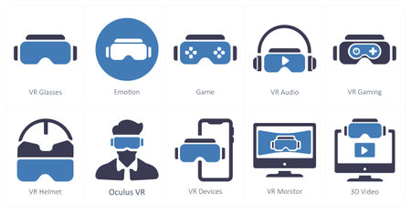 A set of 10 Virtual Reality icons as vr glaases, emotion, gameのイラスト素材