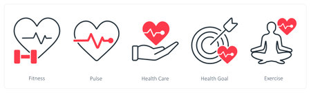 A set of 5 Sports and Fitness icons as fitness, pulse, health careのイラスト素材
