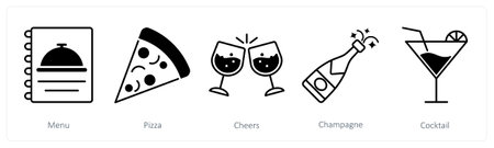 A set of 5 Party and Celebration icons as menu, pizza, cheersのイラスト素材