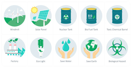 A set of 10 ecology icons as windmill, solar panel, nuclear tank