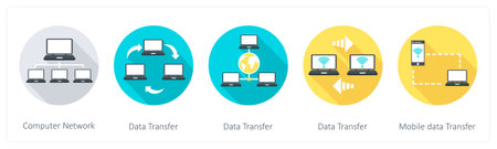 A set of 5 Communication icons as computer network, data transfer, mobile data transferのイラスト素材