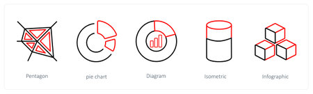 A set of 5 diagram and report icons such as pentagon, pie chartのイラスト素材