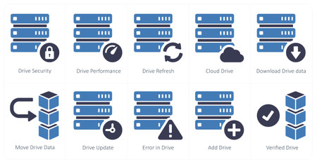A set of 10 mix icons as drive security, drive performance, drive refreshのイラスト素材