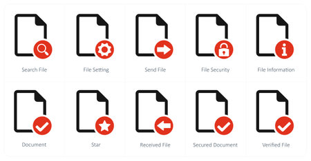 A set of 10 file icons as search file, file setting, send fileのイラスト素材
