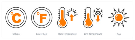A set of 5 Weather icons as celsius, fahrenheit, high temperature