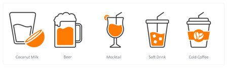 A set of 5 Food and Drink icons as coconut milk, beer, mocktail