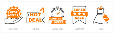 A set of 5 Offer and Sale icons as best offer, hot deal, limited offer