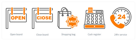 A set of 5 Offer and Sale icons as open board, close board, shopping bagのイラスト素材
