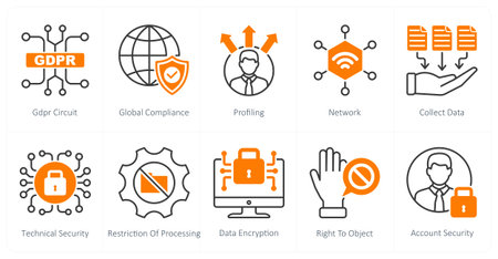 A set of 10 gdpr icons as gdpr circuit, global compliance, profilingのイラスト素材