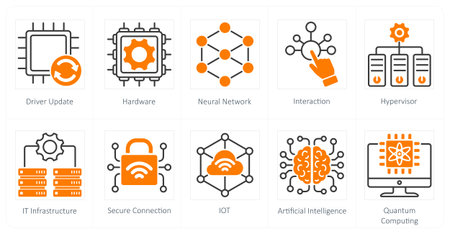 A set of 10 technology icons as driver update, hardware, neural network