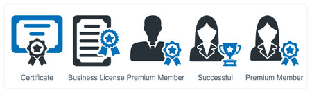 A set of 5 business icons as certificate, business license, premium memberのイラスト素材