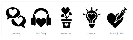 A set of 5 valentine's day icons as  love chat, love song, love plantのイラスト素材