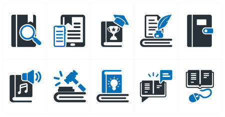 A set of 10 mix icons as search, e book reader, motivation booksのイラスト素材