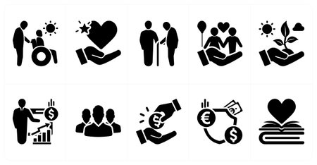 A set of 10 mix icons as disabled people help, orphans help, elderly people helpのイラスト素材