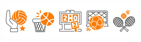 A set of 5 mix icons as volleyball, basket ball, scoreのイラスト素材
