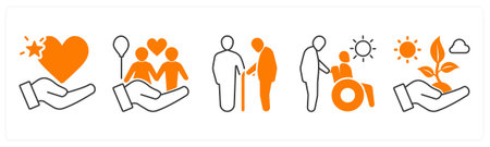 A set of 5 mix icons as orphans help, elderly people help, disabled people helpのイラスト素材