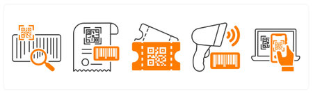 A set of 5 mix icons as qr code, qr code document, tickets