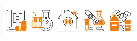 A set of 5 mix icons as medical literature, laboratory, clinicのイラスト素材