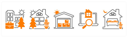 A set of 5 mix icons as office, house, warehouse, accommodation searchのイラスト素材
