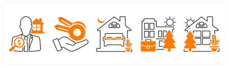 A set of 5 mix icons as realtor, keys, accommodation daily rentのイラスト素材