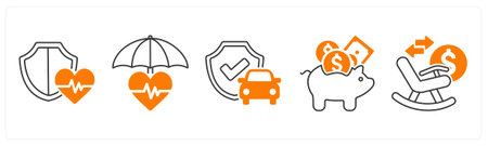 A set of 5 mix icons as health insurance, life insurance, car insuranceのイラスト素材