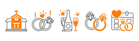 A set of 5 mix icons as church, groom and bride, champagneのイラスト素材