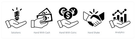 A set of 5 mix icons as solutions, hand with cash, hand with coinsのイラスト素材