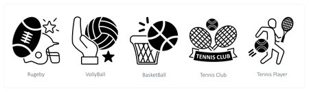 A set of 5 mix icons as rugeby, volleyball, basketballのイラスト素材