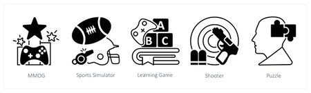 A set of 5 mix icons as mmog, sports simulator, learning game