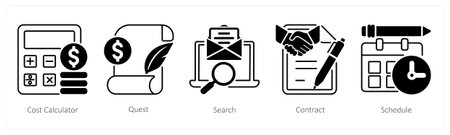 A set of 5 mix icons as cost calculator, quest, searchのイラスト素材