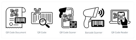 A set of 5 mix icons as qr code document, qr code, qr code scanner