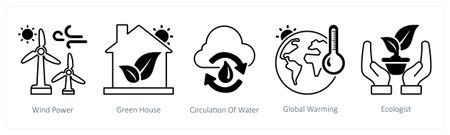 A set of 5 mix icons as wind power, green house, circulation of waterのイラスト素材