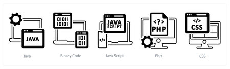 A set of 5 mix icons as java, binary code, java scriptのイラスト素材