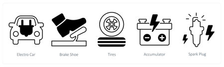 A set of 5 mix icons as electro car, brake shoe, tires