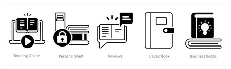 A set of 5 mix icons as reading online, personal shelf, reviewsのイラスト素材