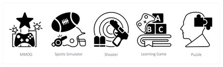 A set of 5 mix icons as mmog, sports simulator, shooter