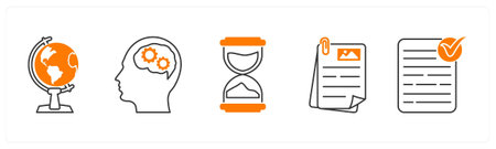 A set of 5 mix icons as globe, planning, sandglass