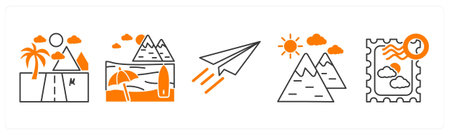 A set of 5 mix icons as road, beach, paper plane