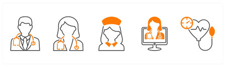 A set of 5 mix icons as male doctor, female doctor, nurseのイラスト素材