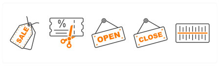 A set of 5 mix icons as sale tag, coupon, open board