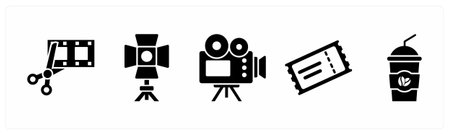 A set of 5 mix icons as movie editing, spotlight, video camera