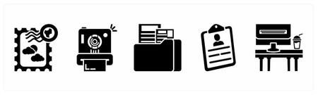 A set of 5 mix icons as postage stamp, instant camera, folder