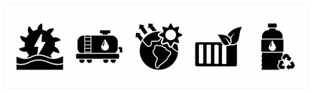 A set of 5 mix icons as hydro power, fuel pump, global warming