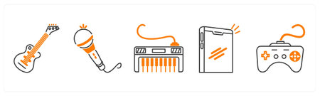 A set of 5 mix icons as guitar, mic, piano