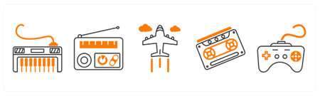 A set of 5 mix icons as piano, radio, plane